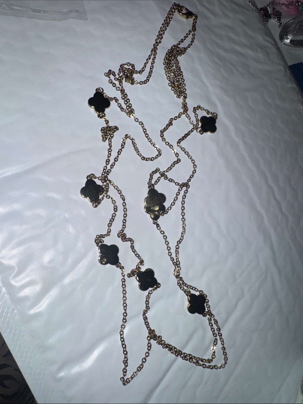 Gold-Tone Long Clover Station Necklace with Black Accents
